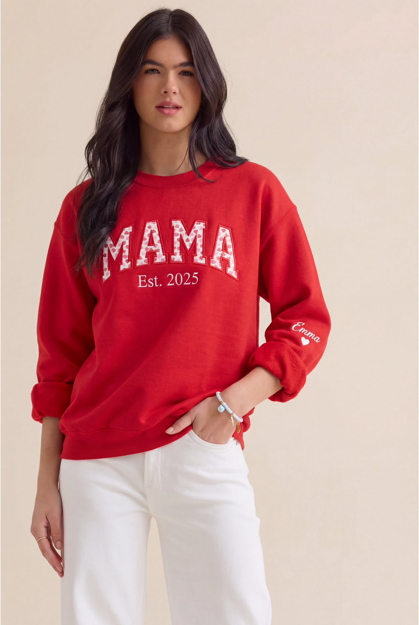 Custom Embroidered Mama Heart Sweatshirt, Personalized Kids Names Sleeve (Copy)