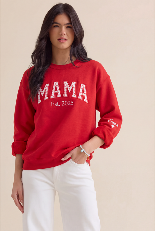 Custom Embroidered Mama Heart Sweatshirt, Personalized Kids Names Sleeve