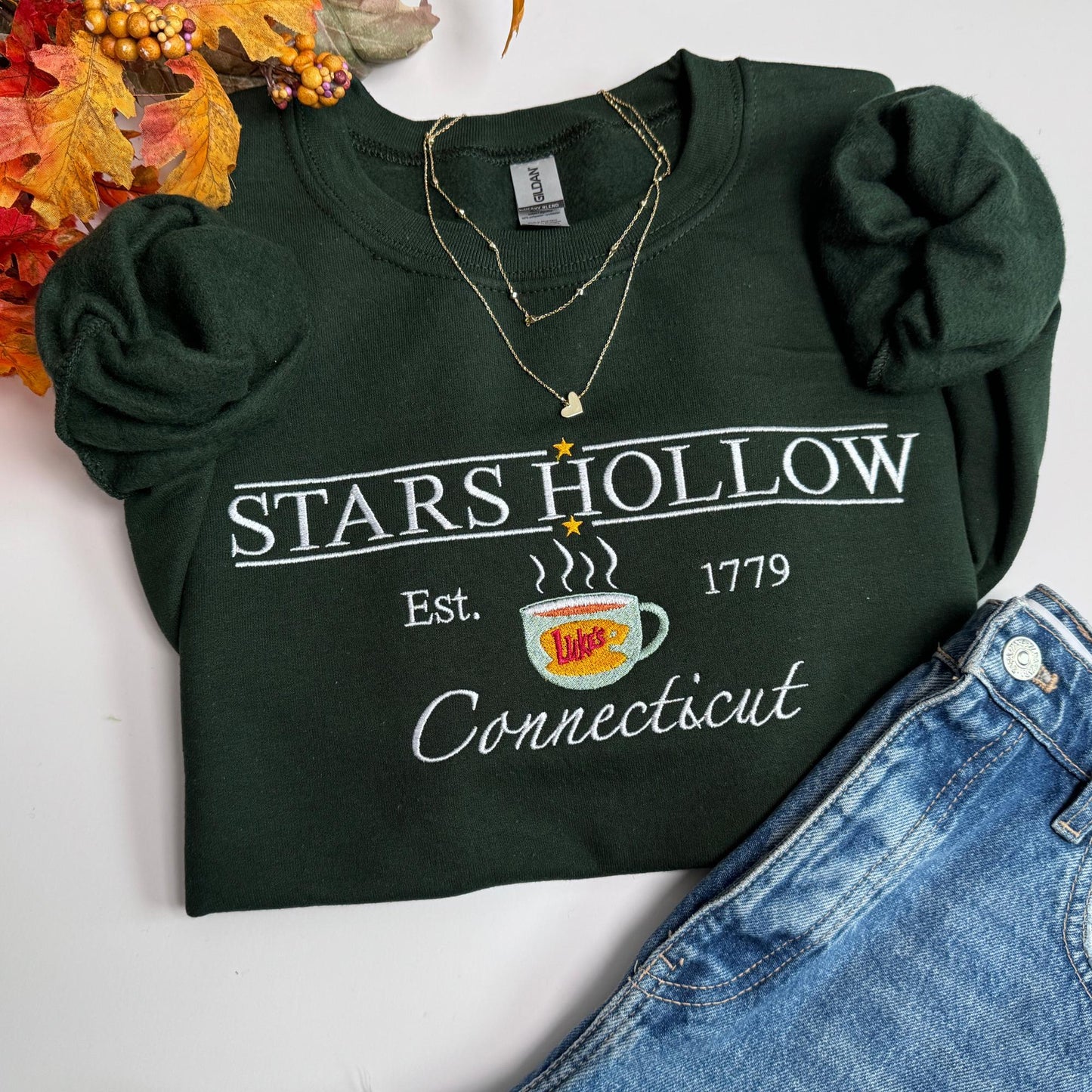 Luke's Diner Embroidered Crewneck Sweatshirt: Stars Hollow Varsity Style Fall Sweater for women