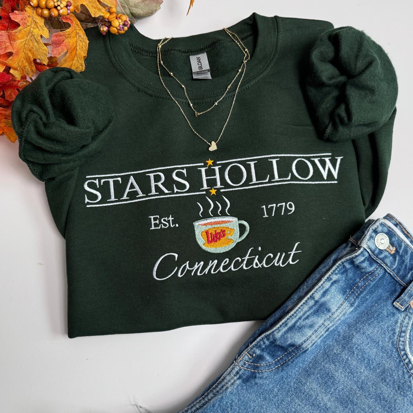 Luke's Diner Embroidered Crewneck Sweatshirt: Stars Hollow Varsity Style Fall Sweater for women