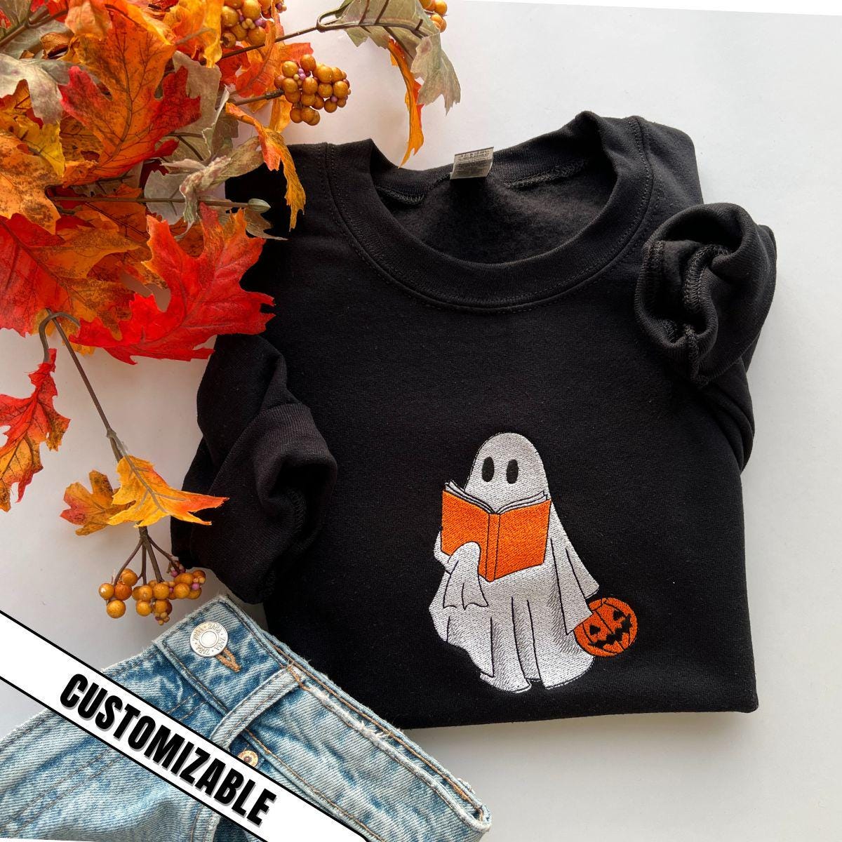 Embroidered Ghost Sweatshirt: Halloween Book Lover Crewneck