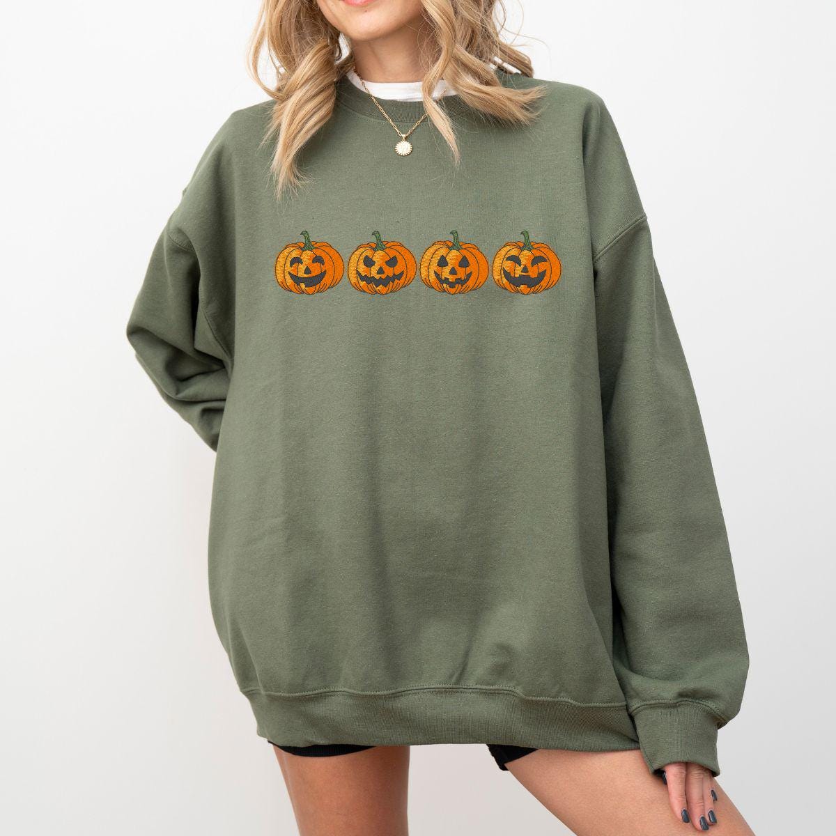 Embroidered Pumpkin Faces Sweatshirt: Halloween Crewneck, Spooky Season Pullover