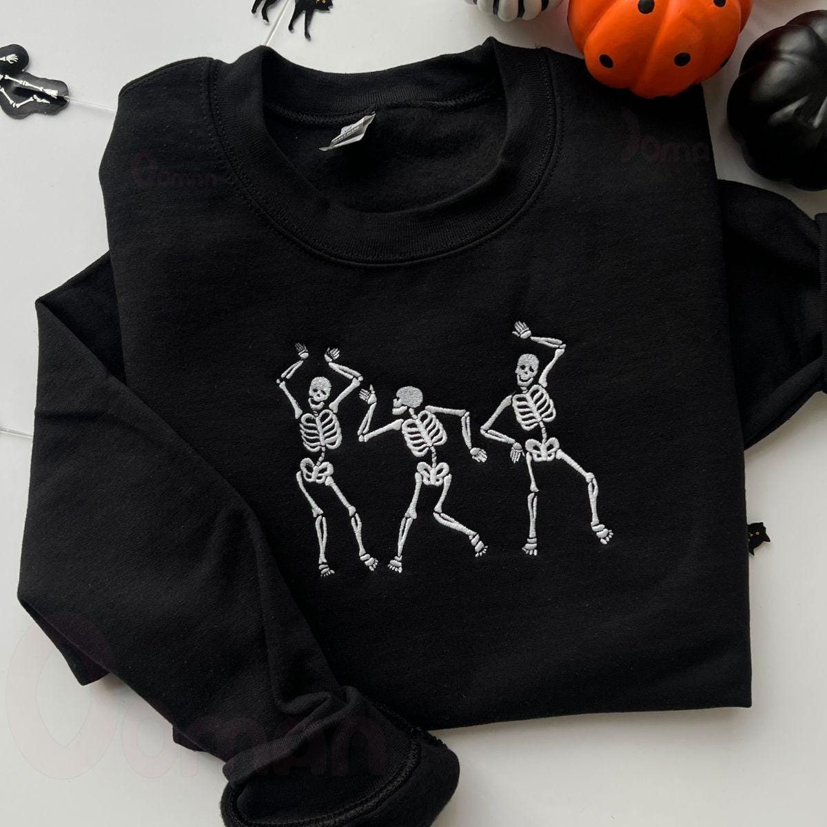 Embroidered Dancing Skeleton Halloween Crewneck Sweatshirt, Spooky Season Gift