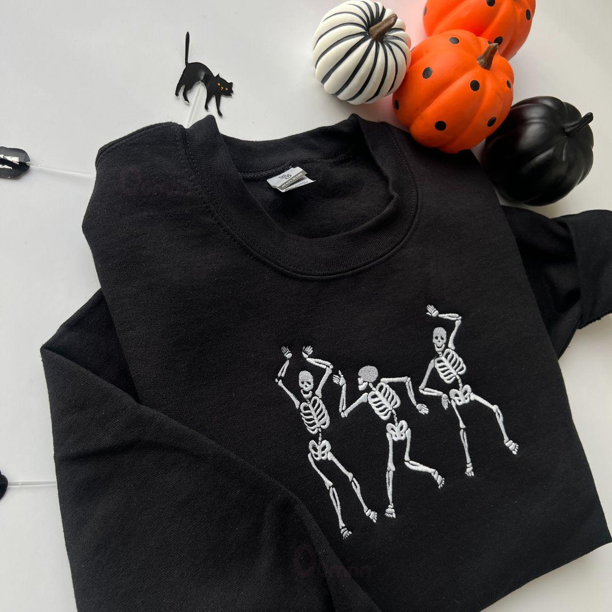Embroidered Dancing Skeleton Halloween Crewneck Sweatshirt, Spooky Season Gift