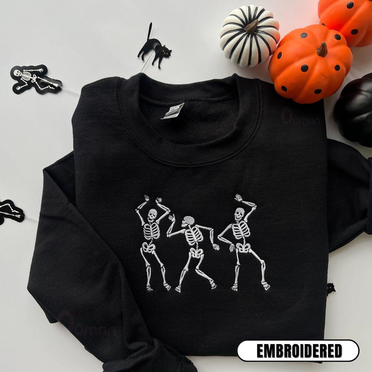 Embroidered Dancing Skeleton Halloween Crewneck Sweatshirt, Spooky Season Gift
