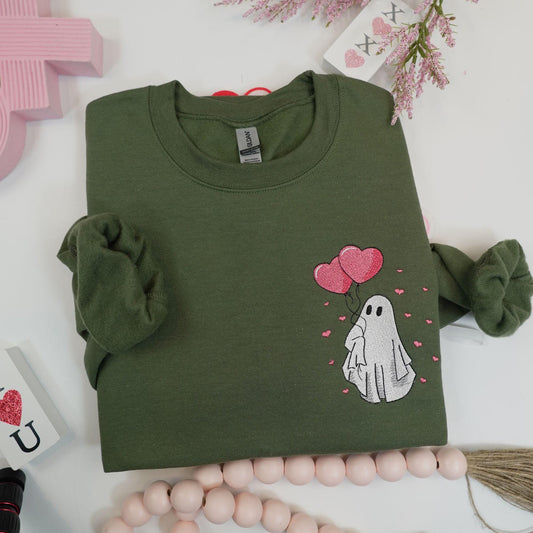 Embroidered Ghost Valentines Crewneck Sweatshirt