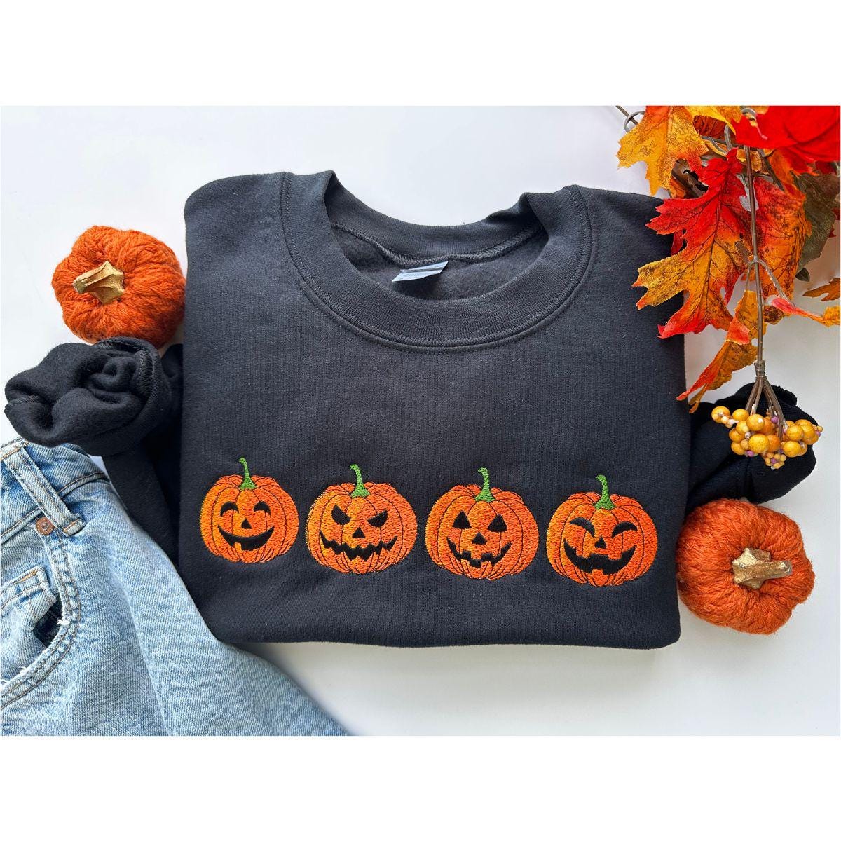 Embroidered Pumpkin Faces Sweatshirt: Halloween Crewneck, Spooky Season Pullover