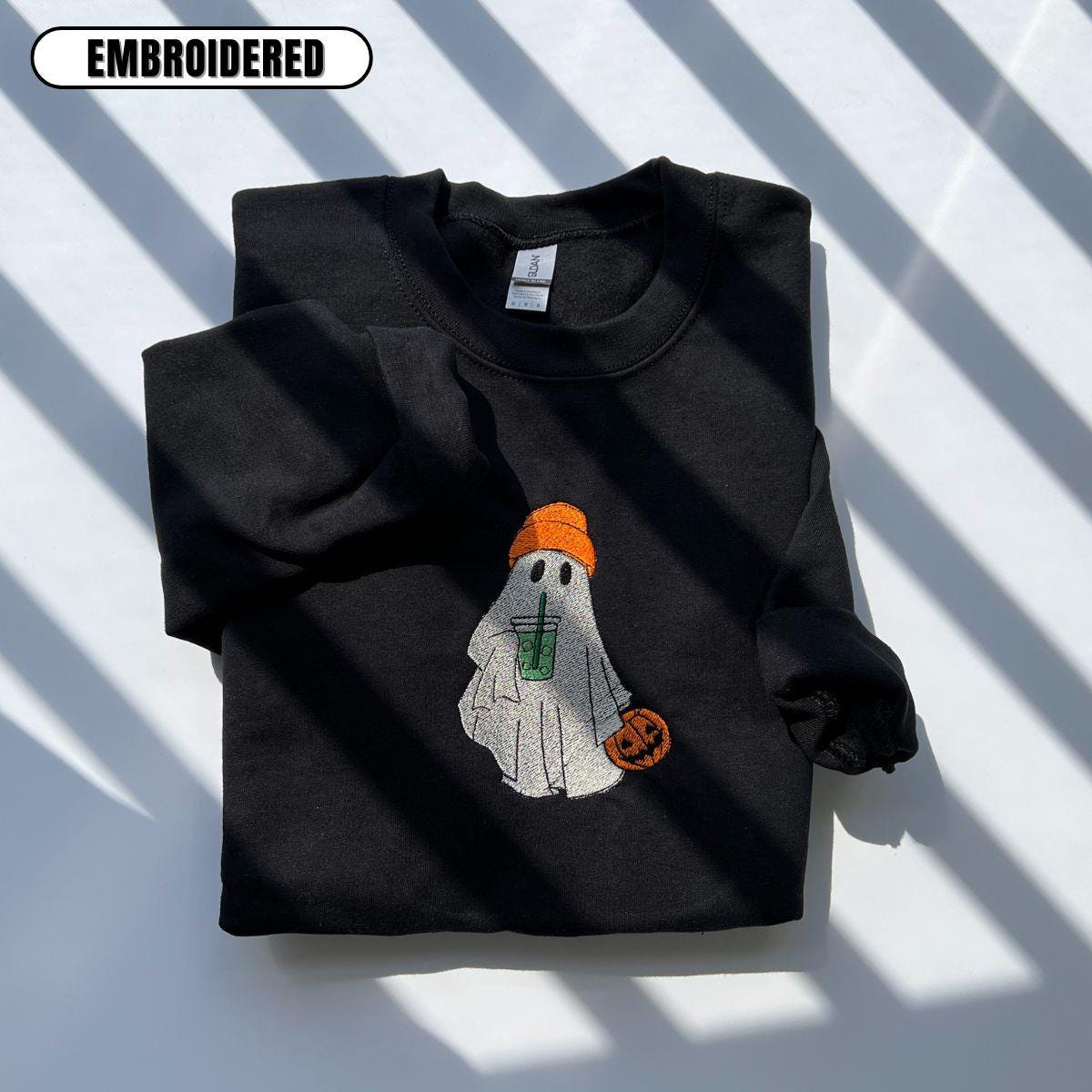 Customizable Ghost Sweatshirt: Embroidered Matcha or Coffee, Spooky Season Pullover