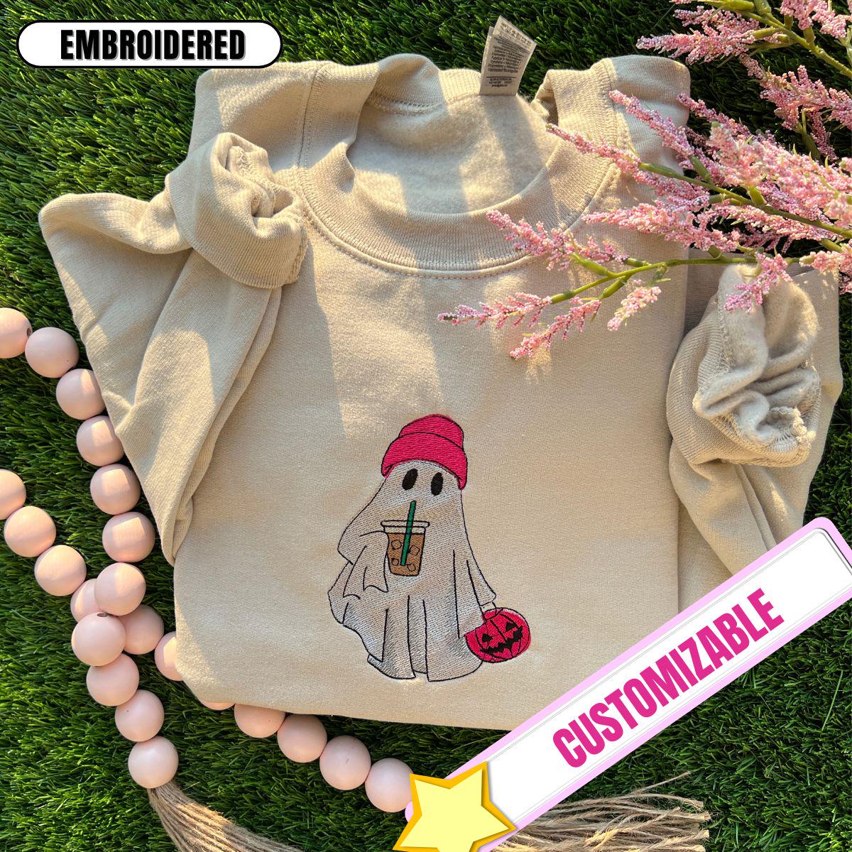 Customizable Ghost Sweatshirt: Embroidered Matcha or Coffee, Spooky Season Pullover