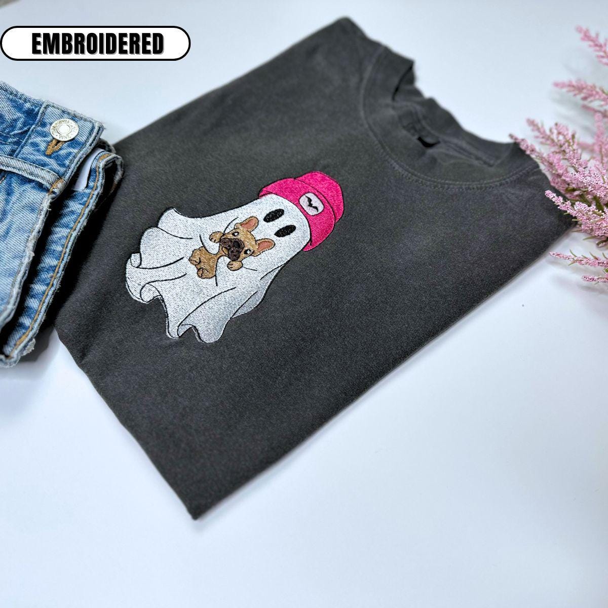 Vintage Embroidered Ghost with French Bulldog Halloween Crewneck T-shirt