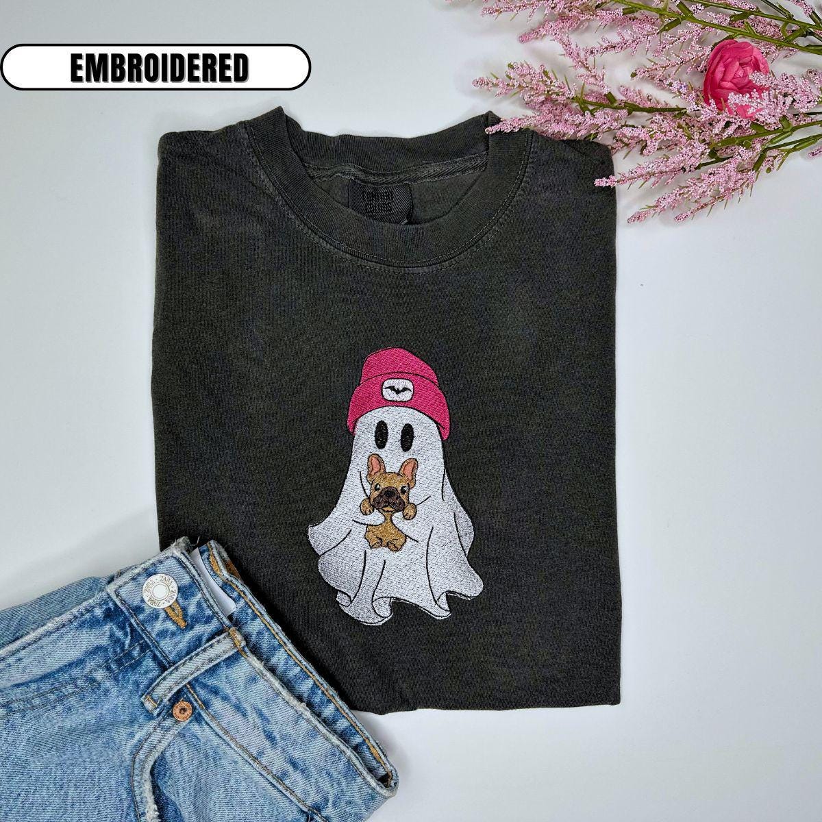 Vintage Embroidered Ghost with French Bulldog Halloween Crewneck T-shirt