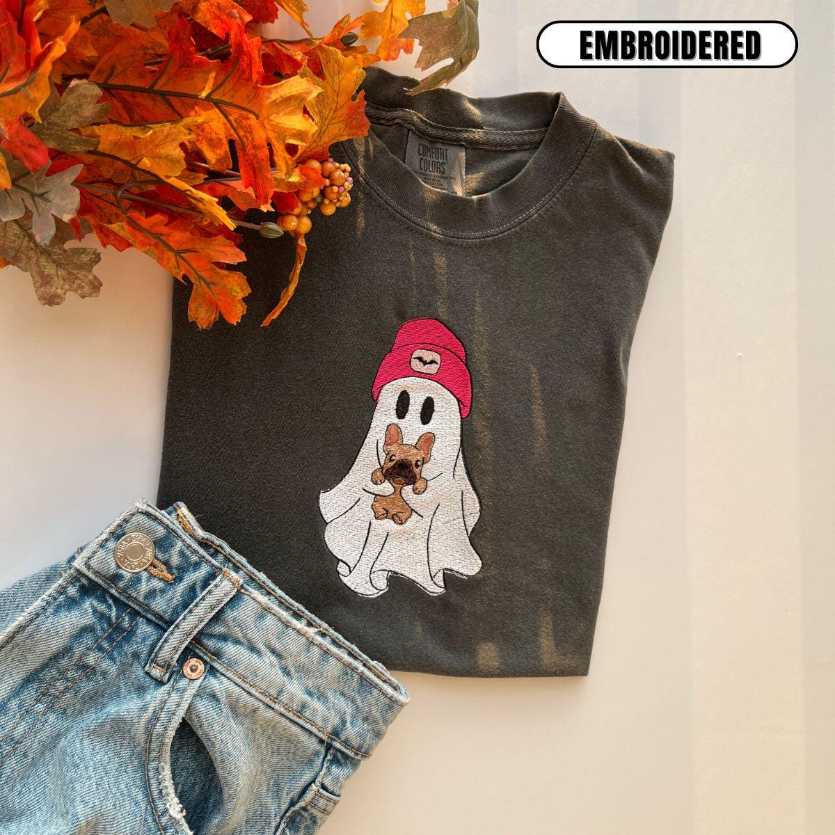 Vintage Embroidered Ghost with French Bulldog Halloween Crewneck T-shirt