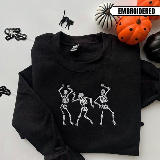 Embroidered Dancing Skeleton Halloween Crewneck Sweatshirt, Spooky Season Gift