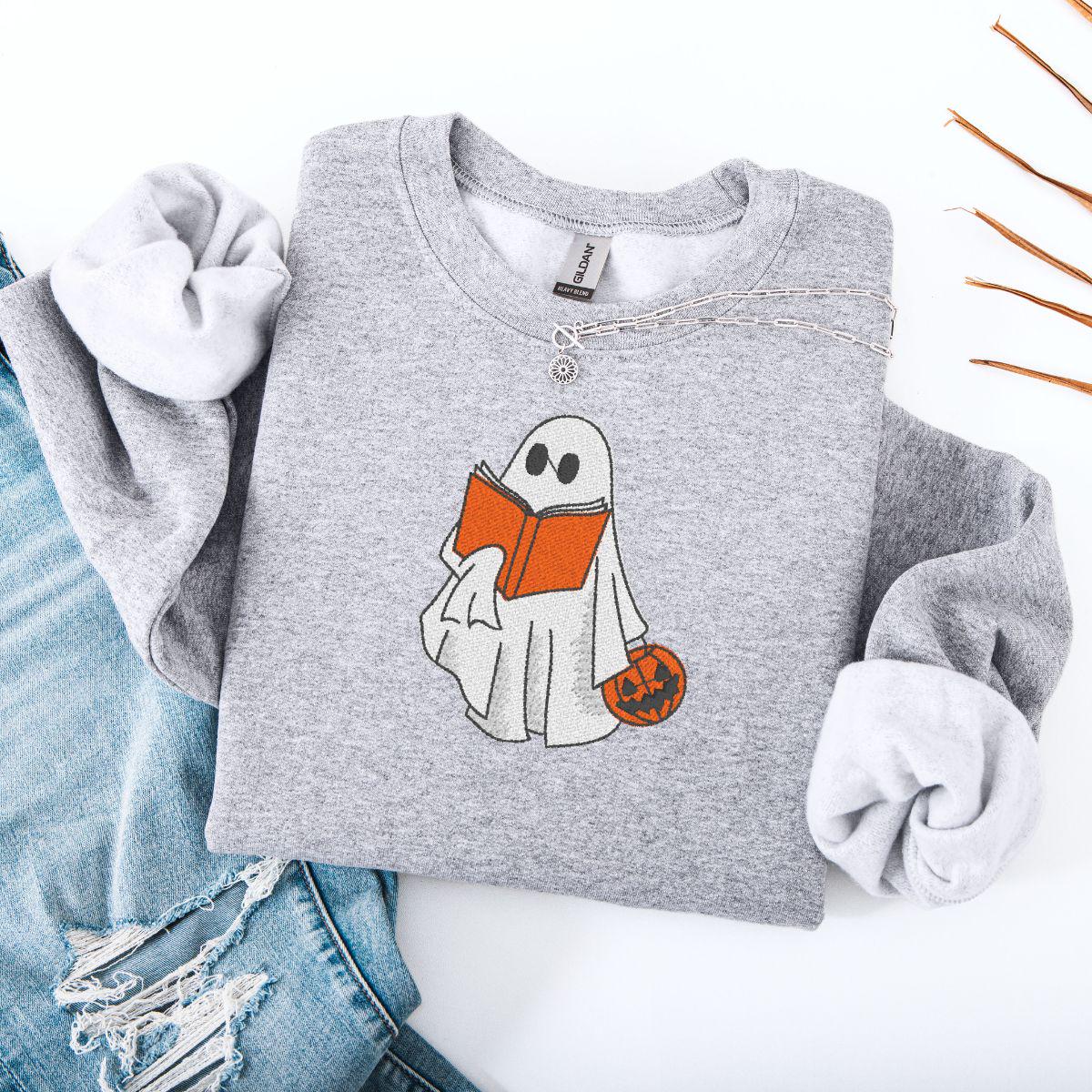 Embroidered Ghost Sweatshirt: Halloween Book Lover Crewneck