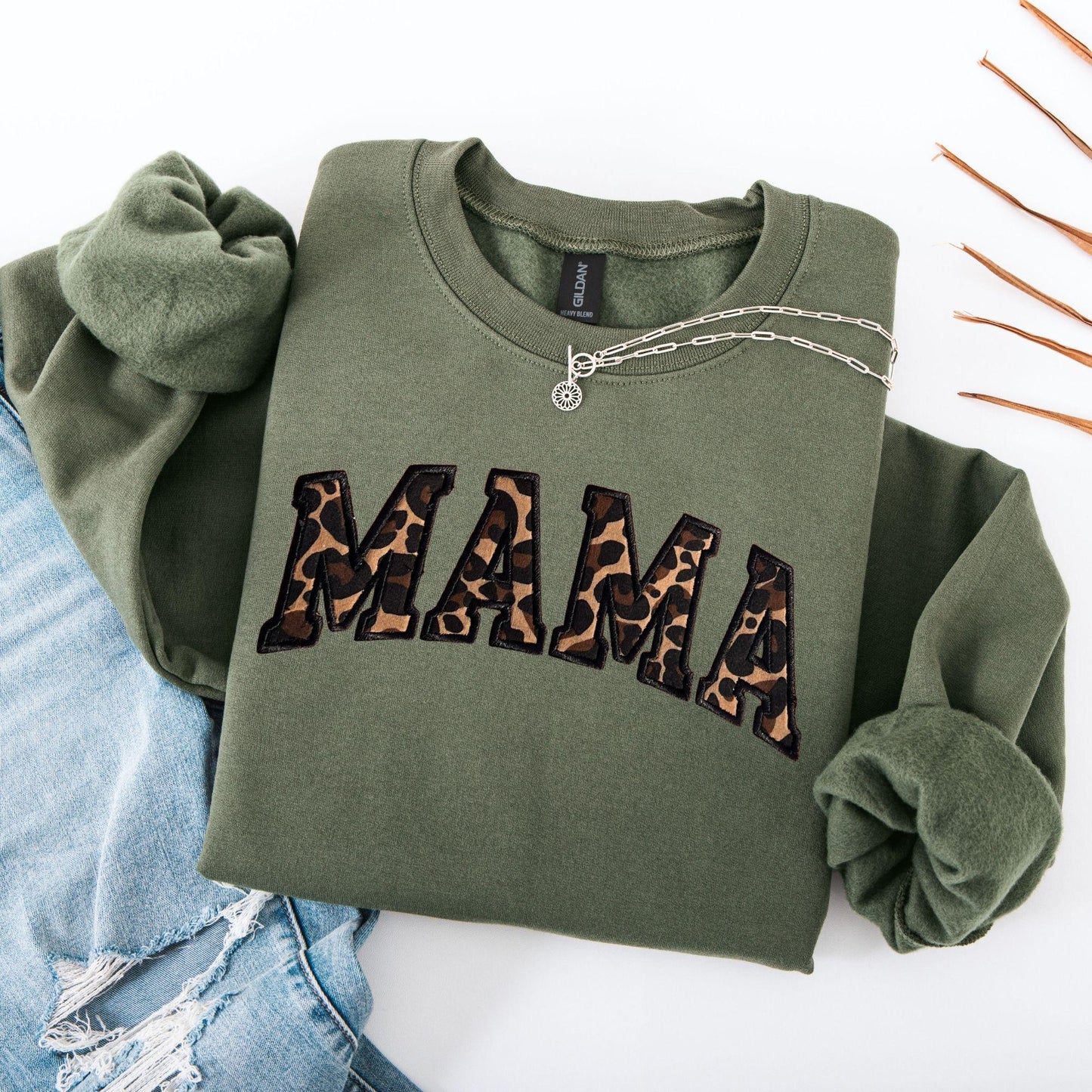 Embroidered Custom Leopard Mama Sweatshirt Crewneck Fall Crewneck Pullover kids Name on Sleeve