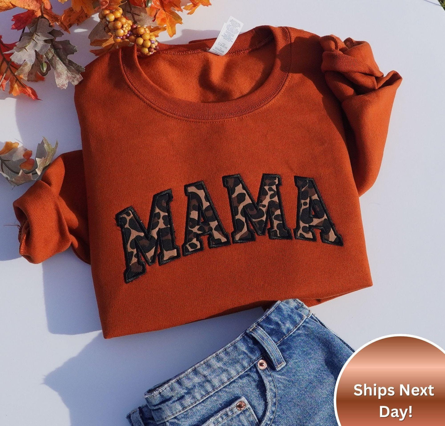 Embroidered Custom Leopard Mama Sweatshirt Crewneck Fall Crewneck Pullover kids Name on Sleeve