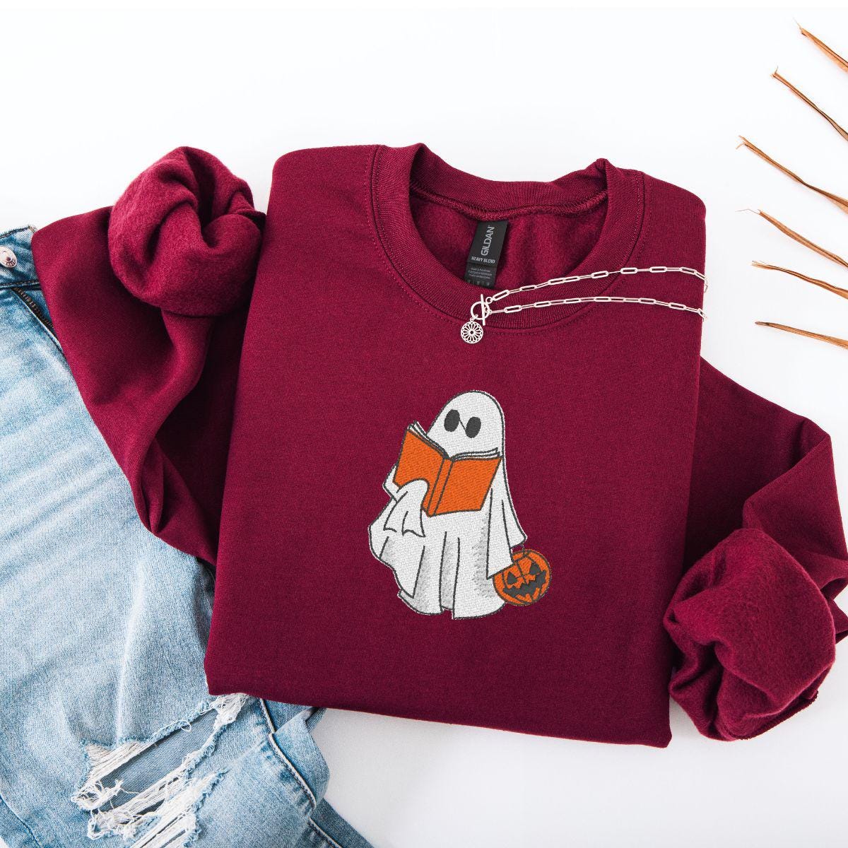 Embroidered Ghost Sweatshirt: Halloween Book Lover Crewneck