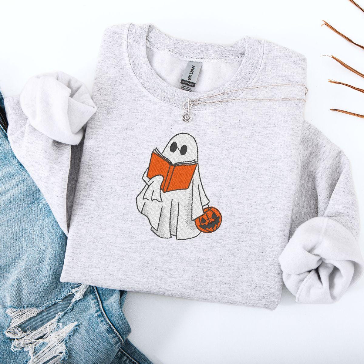 Embroidered Ghost Sweatshirt: Halloween Book Lover Crewneck