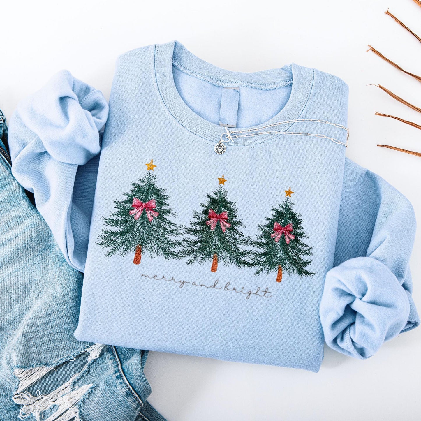 Vintage Embroidered Christmas Tree Sweatshirt: Merry & Bright Holiday Crewneck