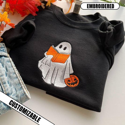 Embroidered Ghost Sweatshirt: Halloween Book Lover Crewneck