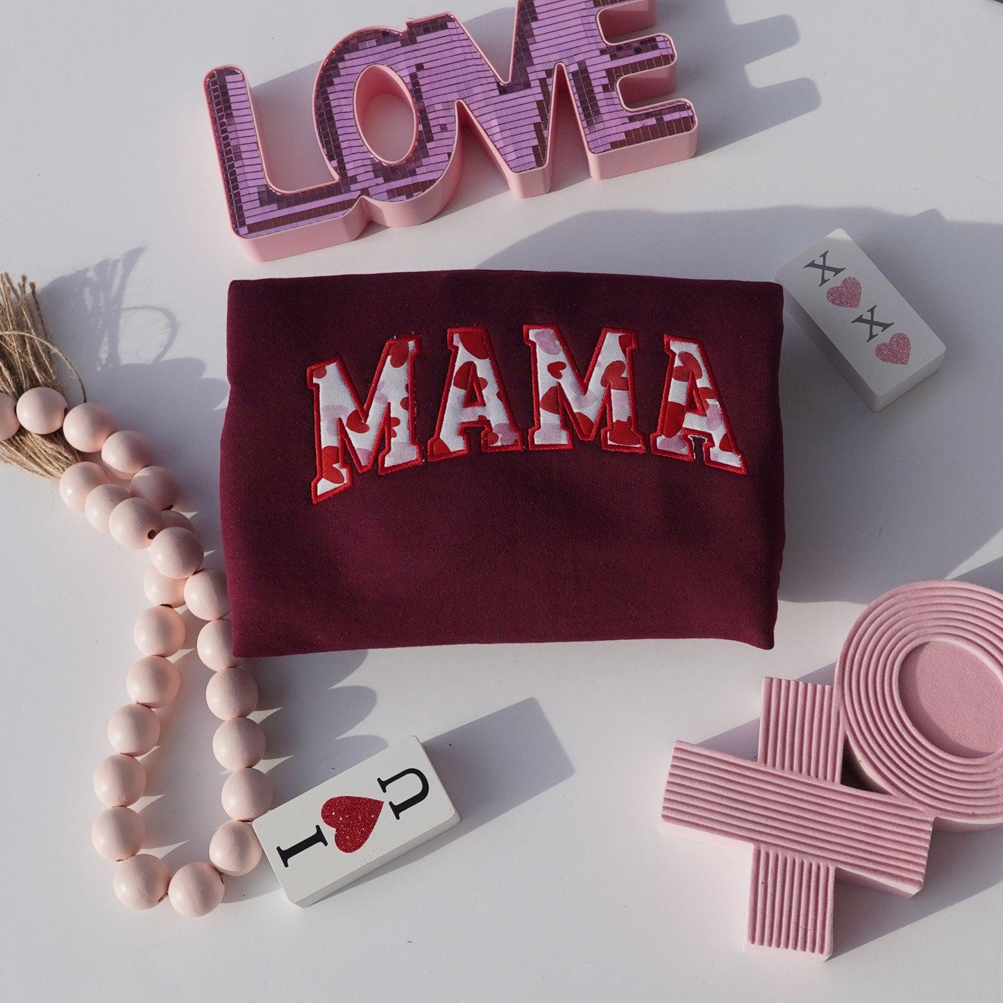Embroidered Mama Heart Sweatshirt, Custom Appliqué Crewneck Pullover