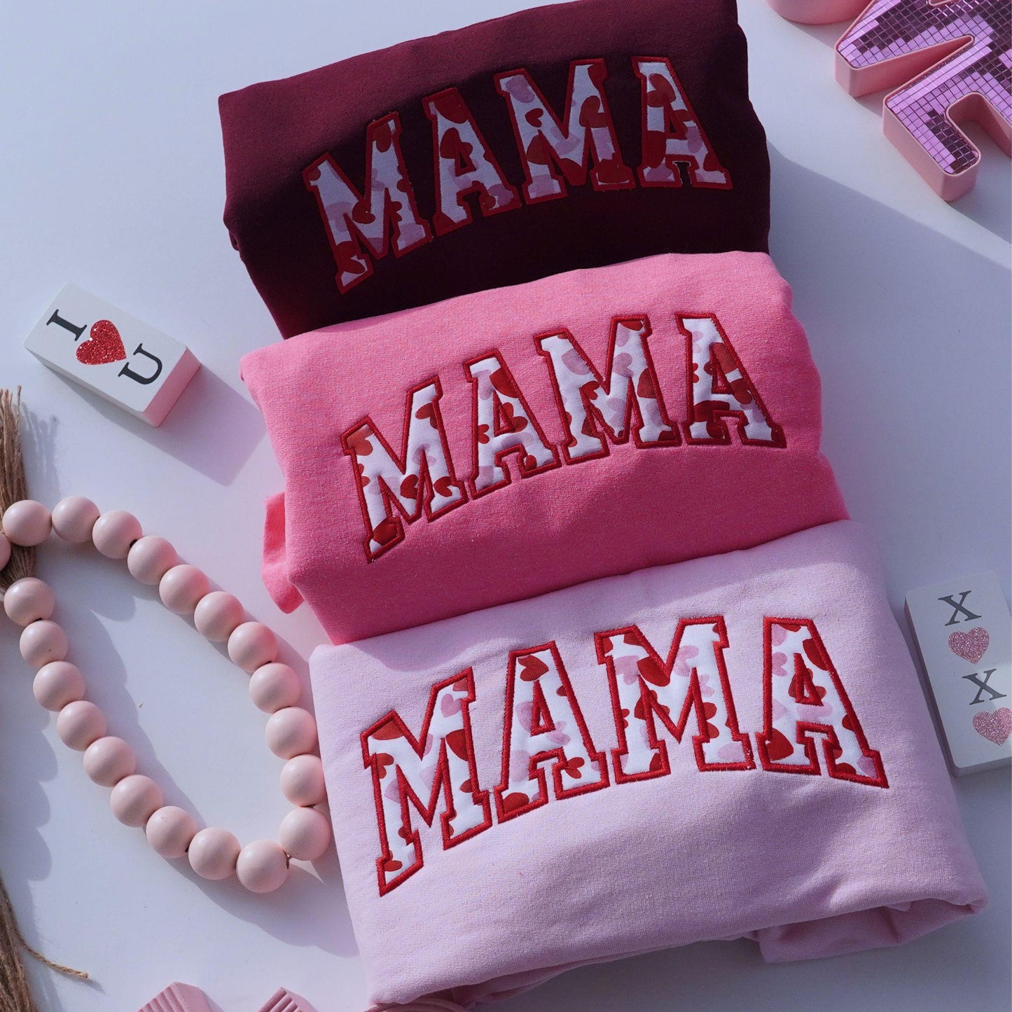 Embroidered Mama Heart Sweatshirt, Custom Appliqué Crewneck Pullover