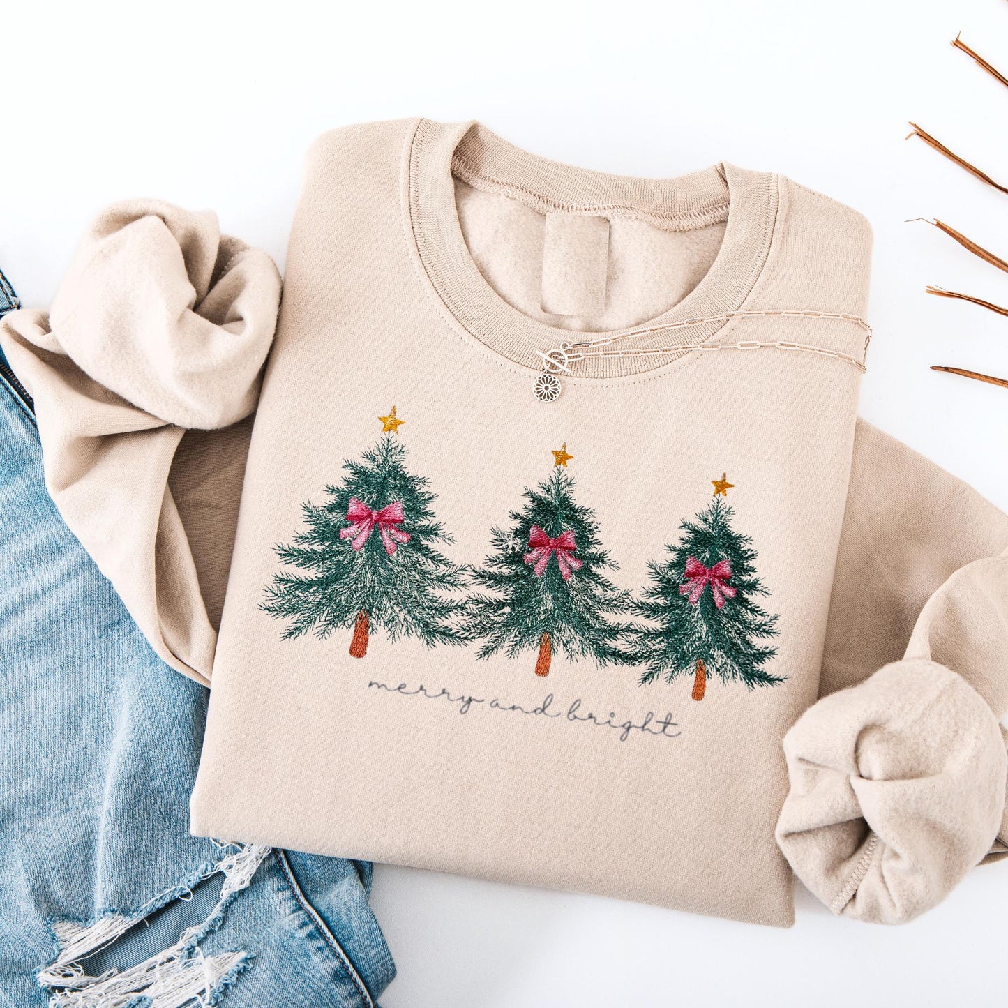 Vintage Embroidered Christmas Tree Sweatshirt: Merry & Bright Holiday Crewneck