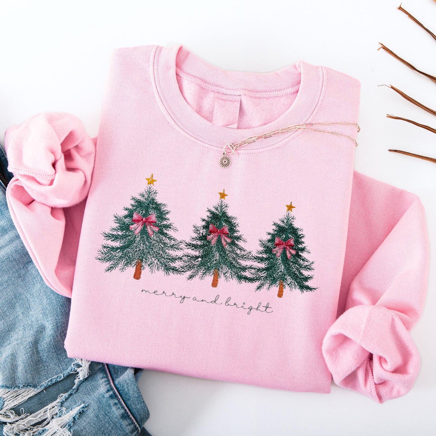Vintage Embroidered Christmas Tree Sweatshirt: Merry & Bright Holiday Crewneck