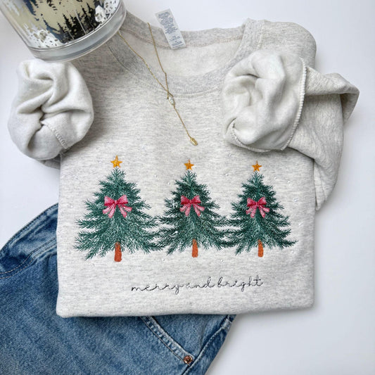 Vintage Embroidered Christmas Tree Sweatshirt: Merry & Bright Holiday Crewneck