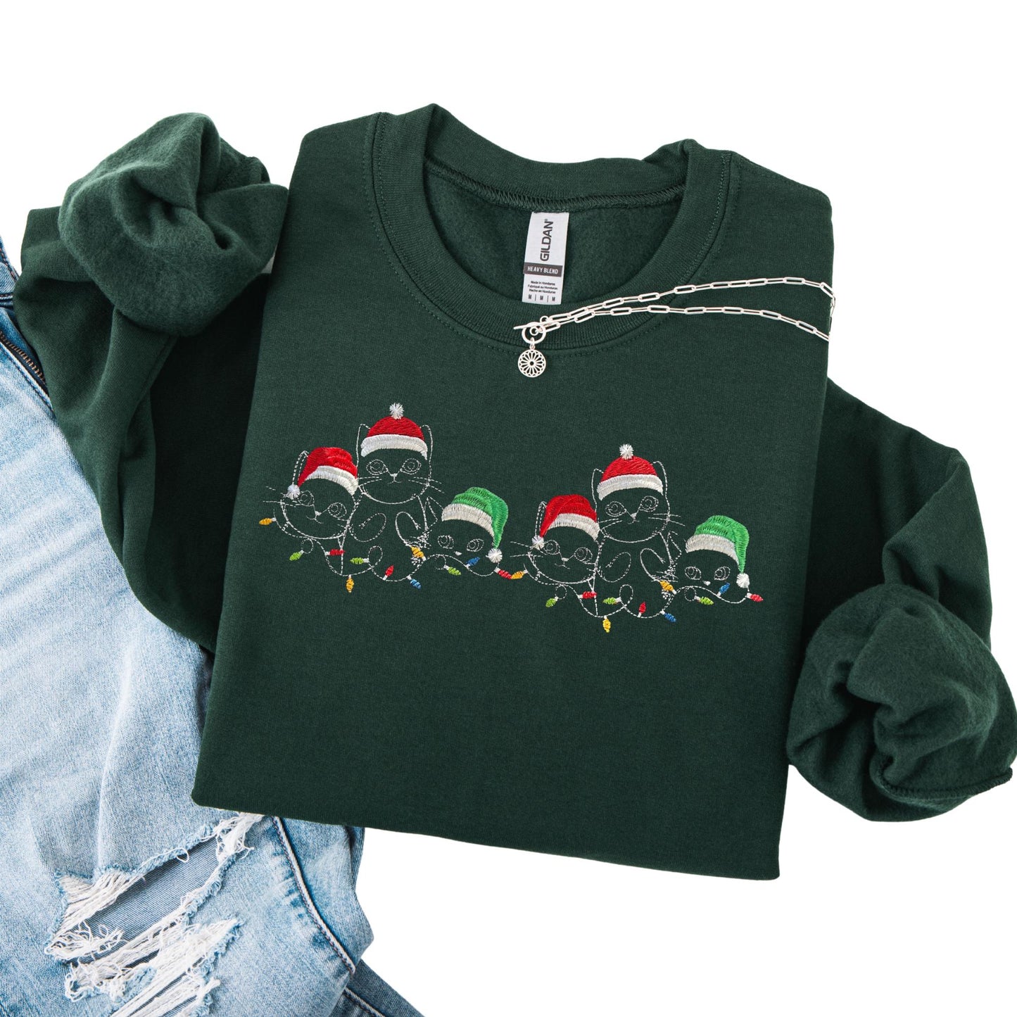 Embroidered Christmas Cats Crewneck Sweatshirt: Custom Cat Lover Gift