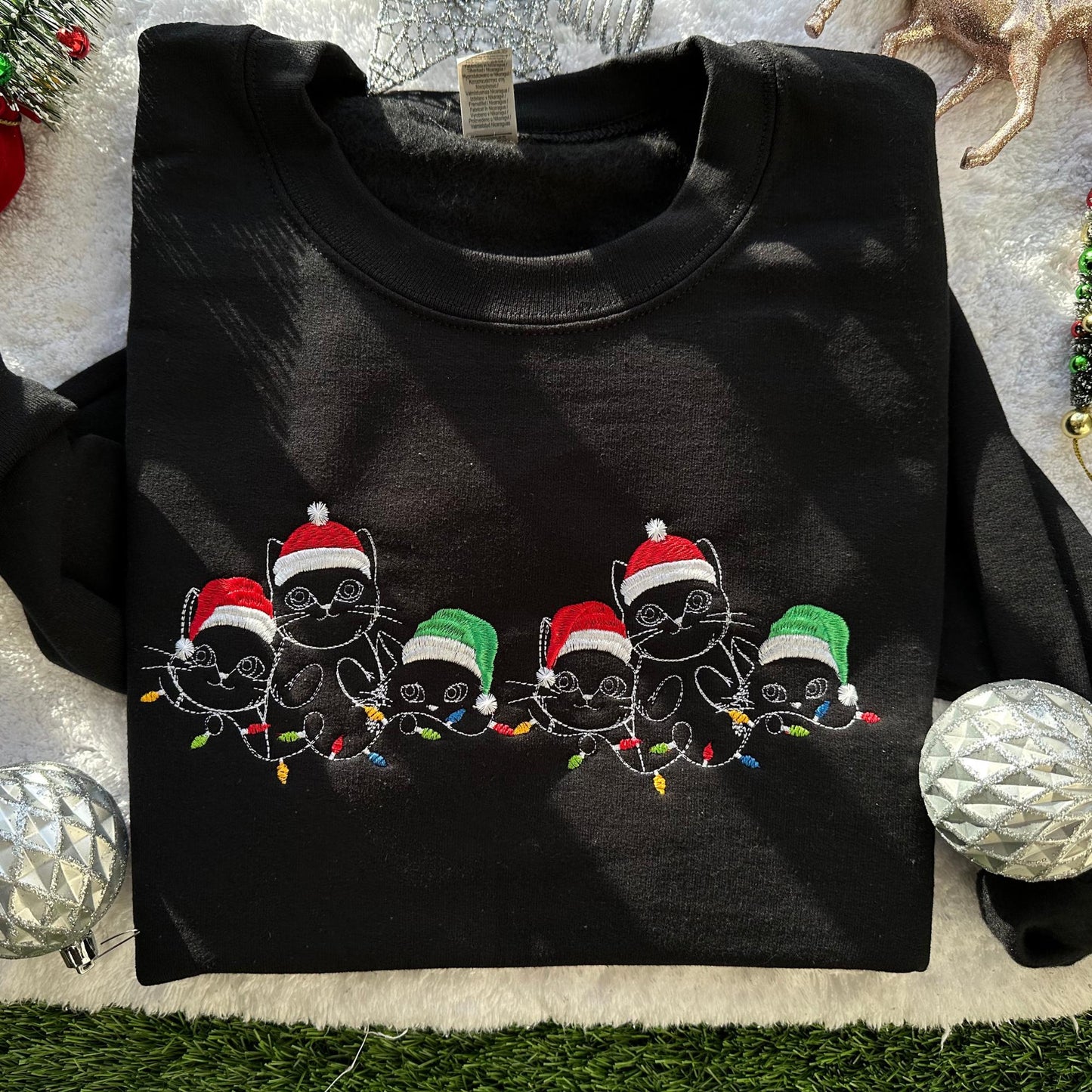 Embroidered Christmas Cats Crewneck Sweatshirt: Custom Cat Lover Gift
