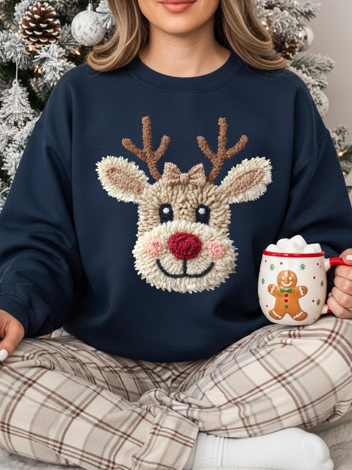 Custom Faux Patchwork Crochet Reindeer Sweatshirt, Cozy Christmas Crewneck, Yarn Stitch Holiday Sweater Gift