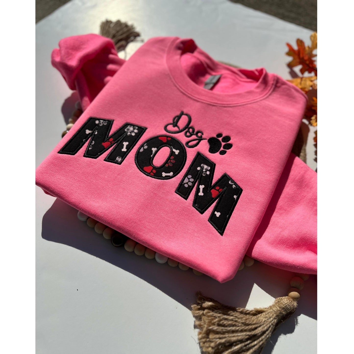 Dog Mom Embroidered Applique Crewneck Sweatshirt With Paw and Bone Stitch
