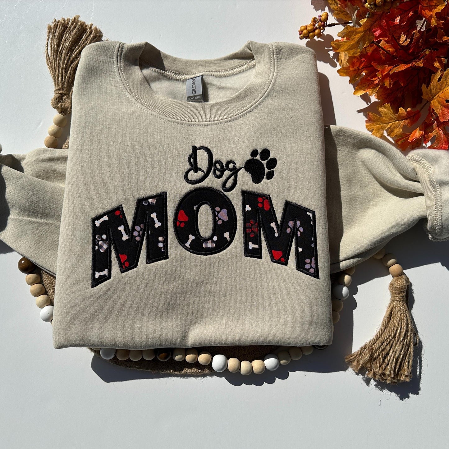 Dog Mom Embroidered Applique Crewneck Sweatshirt With Paw and Bone Stitch