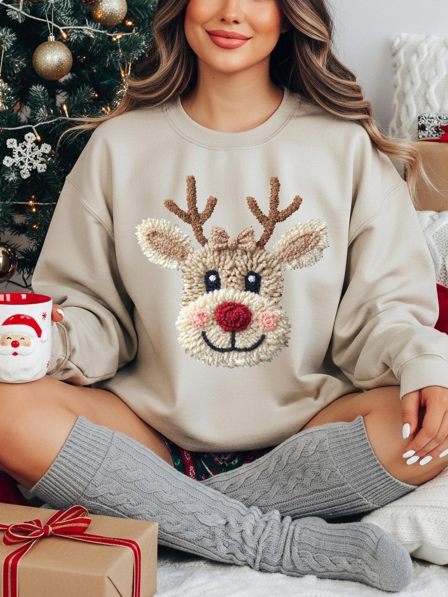 Custom Faux Patchwork Crochet Reindeer Sweatshirt, Cozy Christmas Crewneck, Yarn Stitch Holiday Sweater Gift