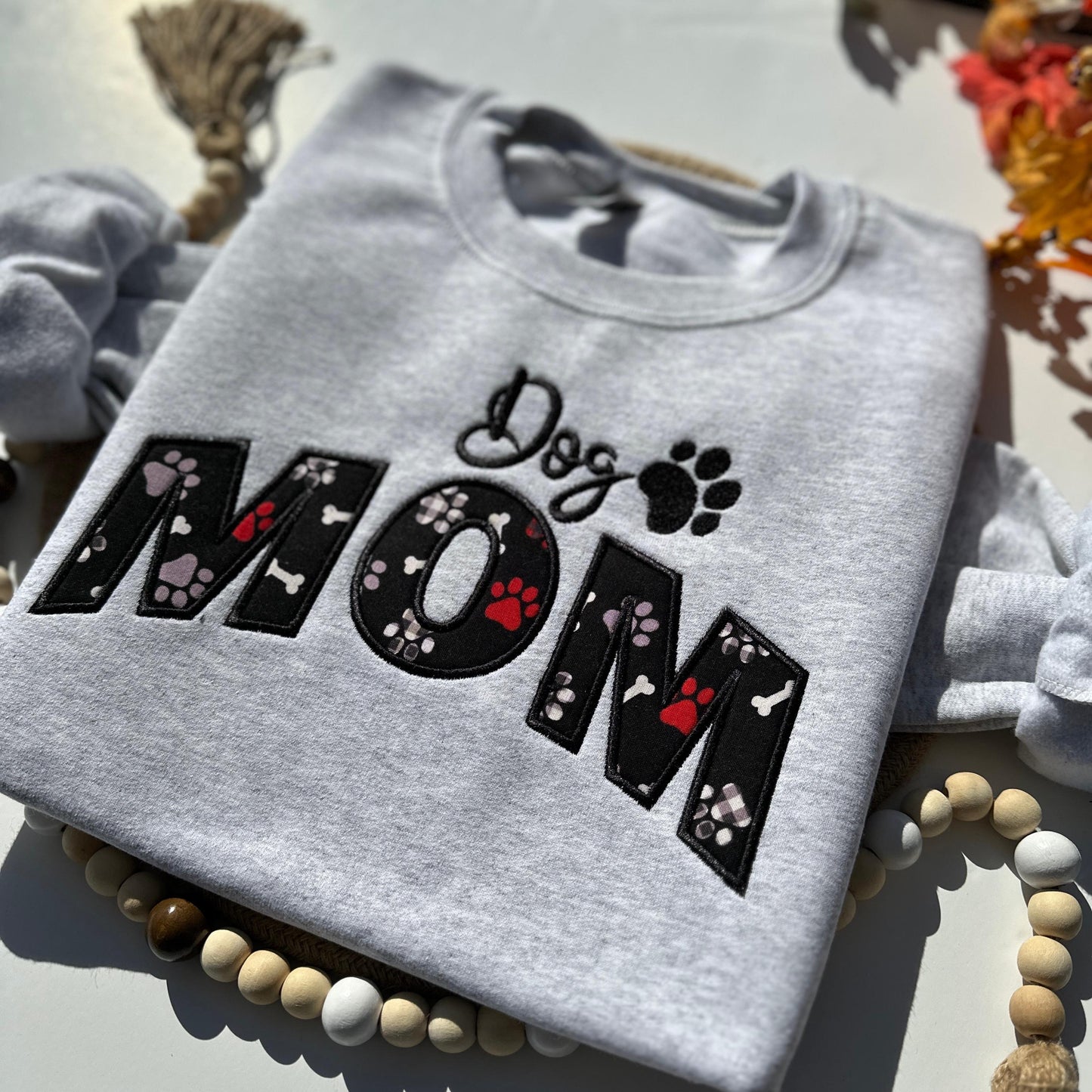 Dog Mom Embroidered Applique Crewneck Sweatshirt With Paw and Bone Stitch