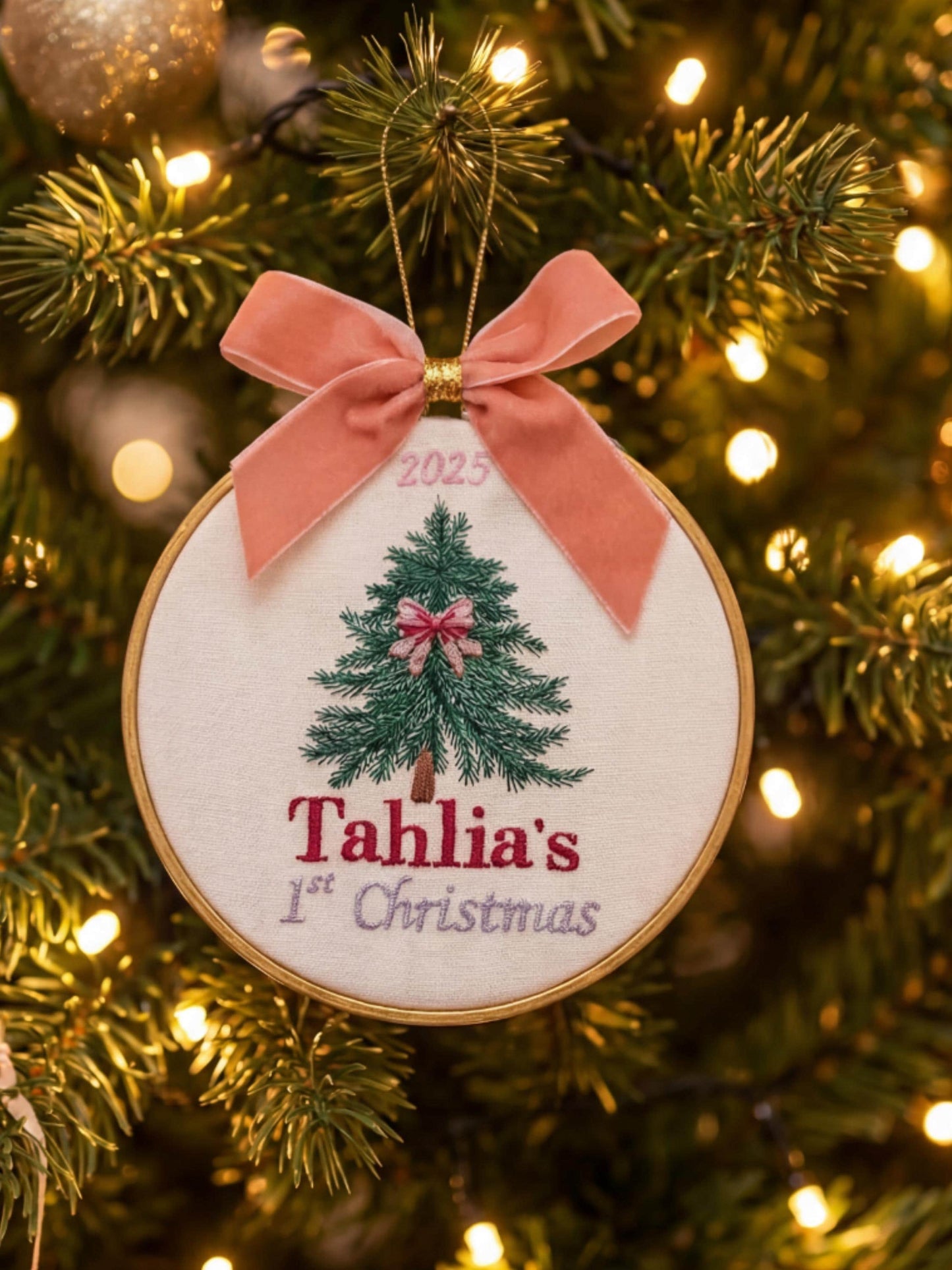 Custom Embroidered Baby's First Christmas Keepsake  Ornament, Gold Bamboo Frame