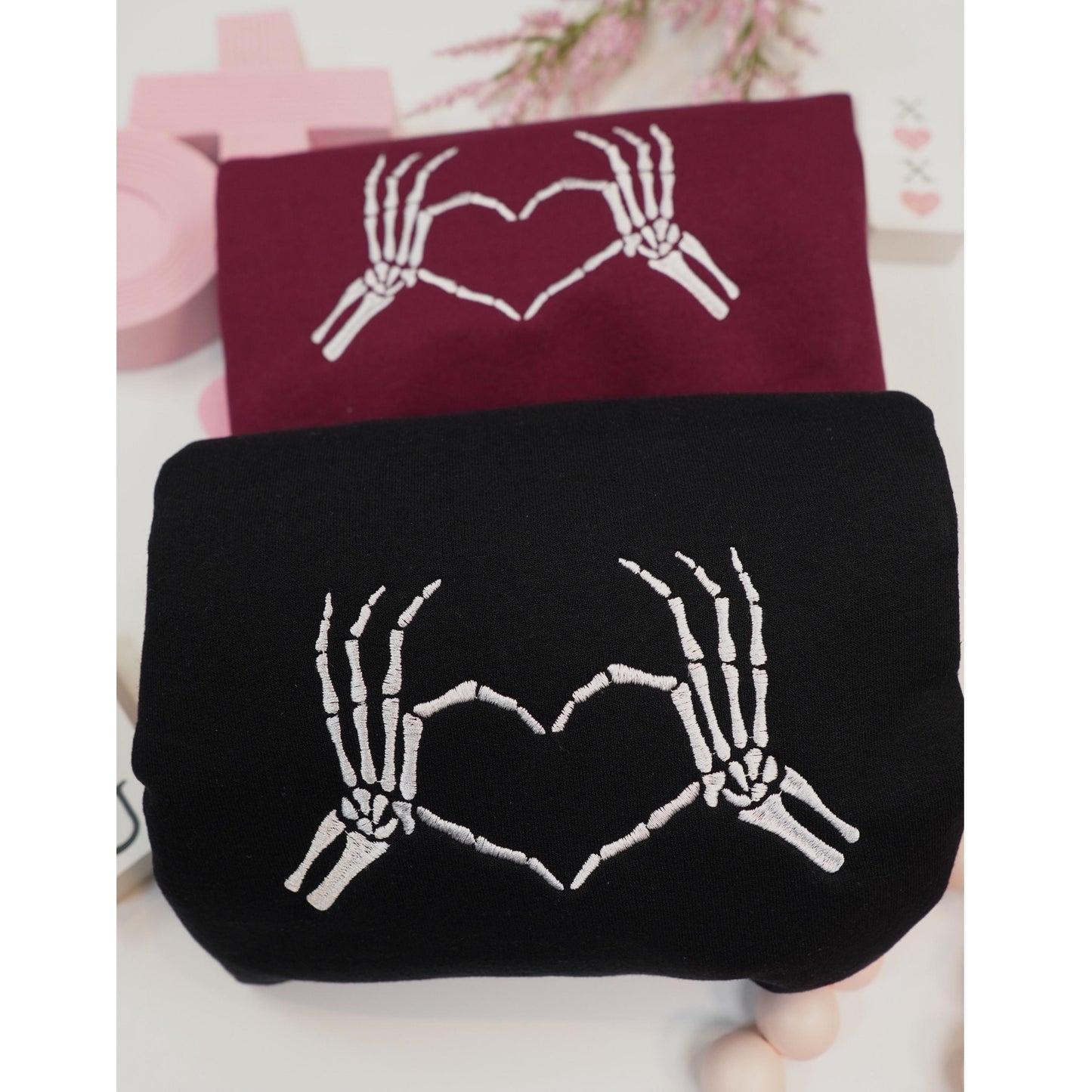 Valentines Skeleton Heart Hands Embroidered Crewneck Sweatshirt for Galentines Gift to Girlfriend Coworker friend & Loved ones