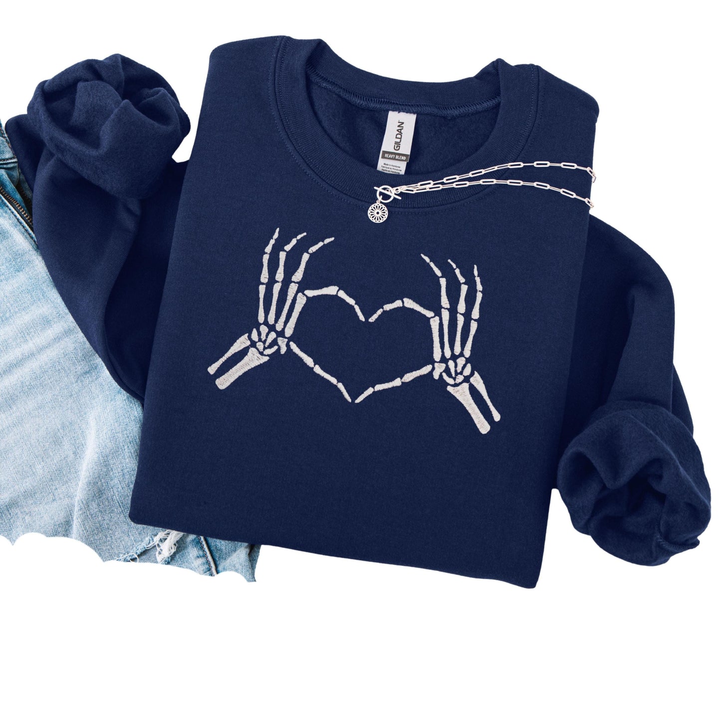 Valentines Skeleton Heart Hands Embroidered Crewneck Sweatshirt for Galentines Gift to Girlfriend Coworker friend & Loved ones