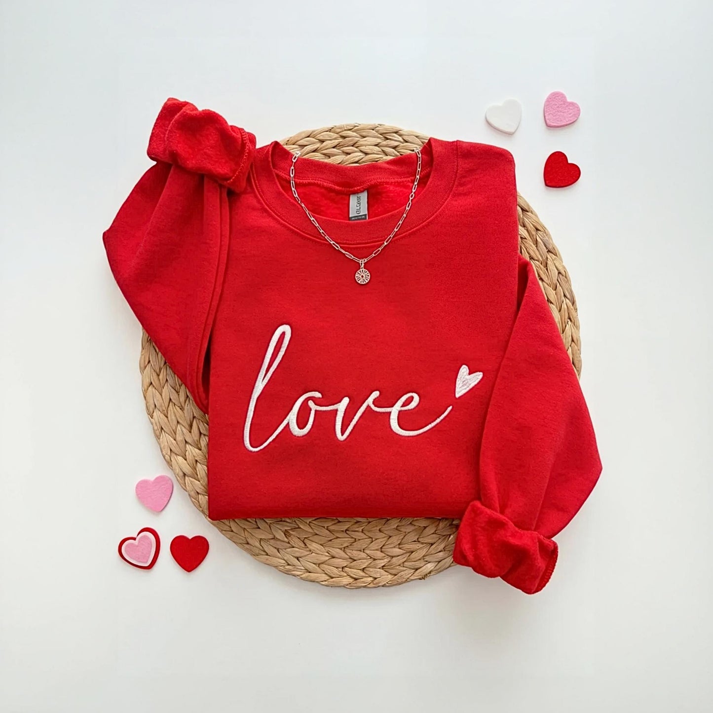Custom Love Text Embroidered with Heart Day Sweatshirt for Women, Love Heart Crewneck, Cute Romantic Gift for Girlfriend or Wife
