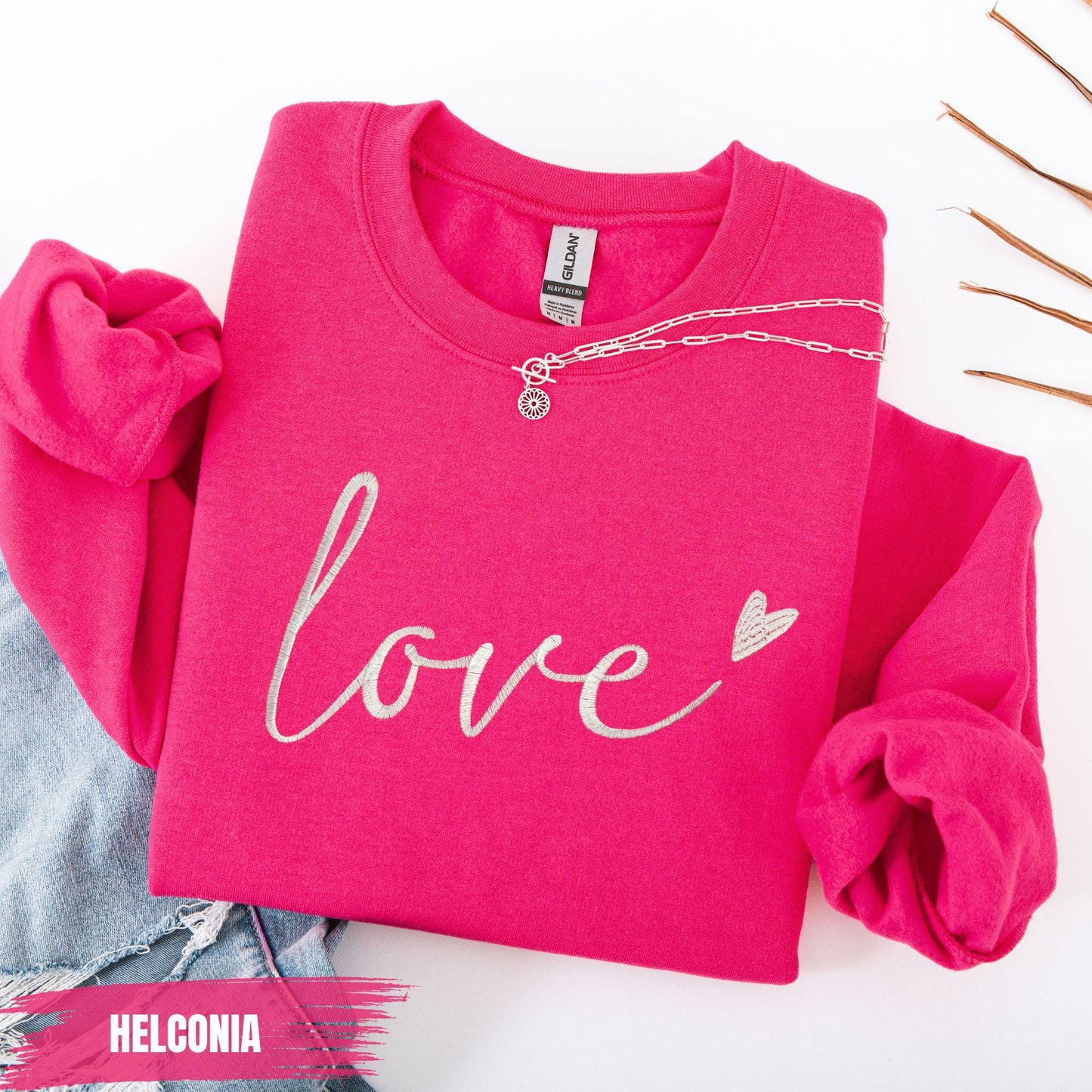 Custom Love Text Embroidered with Heart Day Sweatshirt for Women, Love Heart Crewneck, Cute Romantic Gift for Girlfriend or Wife