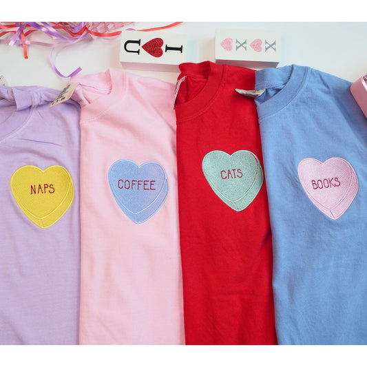 Custom Embroidered Conversation Candy Heart Comfort Colors Valentines T-shirts, V-day Group t-shirts