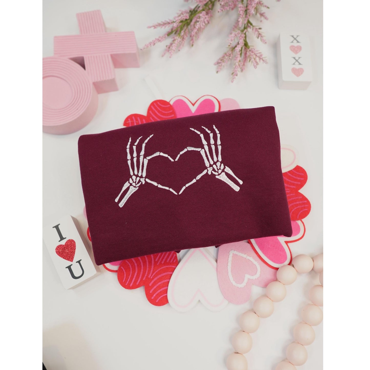 Valentines Skeleton Heart Hands Embroidered Crewneck Sweatshirt for Galentines Gift to Girlfriend Coworker friend & Loved ones