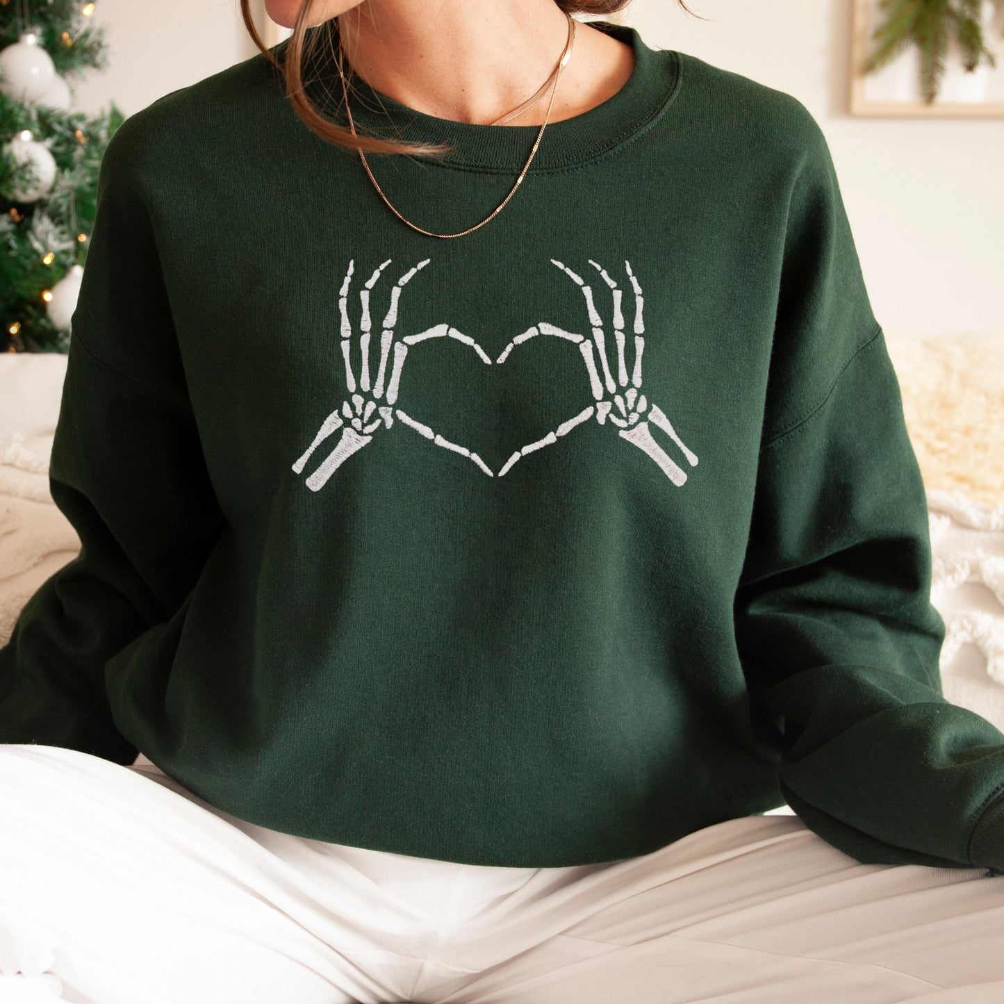 Valentines Skeleton Heart Hands Embroidered Crewneck Sweatshirt for Galentines Gift to Girlfriend Coworker friend & Loved ones
