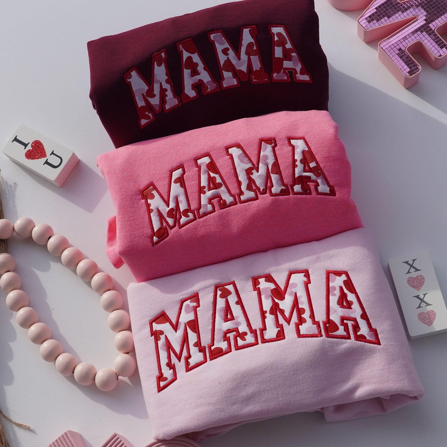 Custom Embroidered Mama Heart Sweatshirt, Personalized Kids Names Sleeve