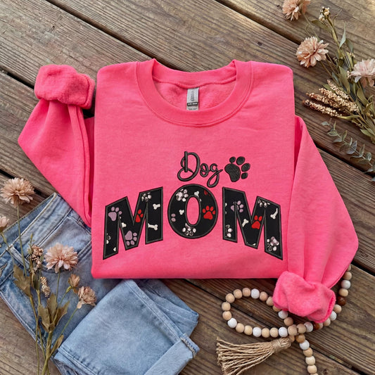Custom Dog Mom Embroidered Sweatshirt with Paw and Name Detail