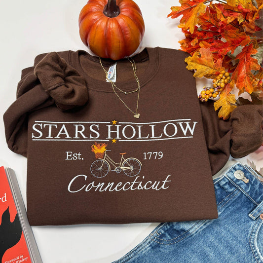 Embroidered Stars Hollow Connecticut Crewneck Sweatshirt Fall Gilmore Fans Gift Bike and Flower Edition Unisex