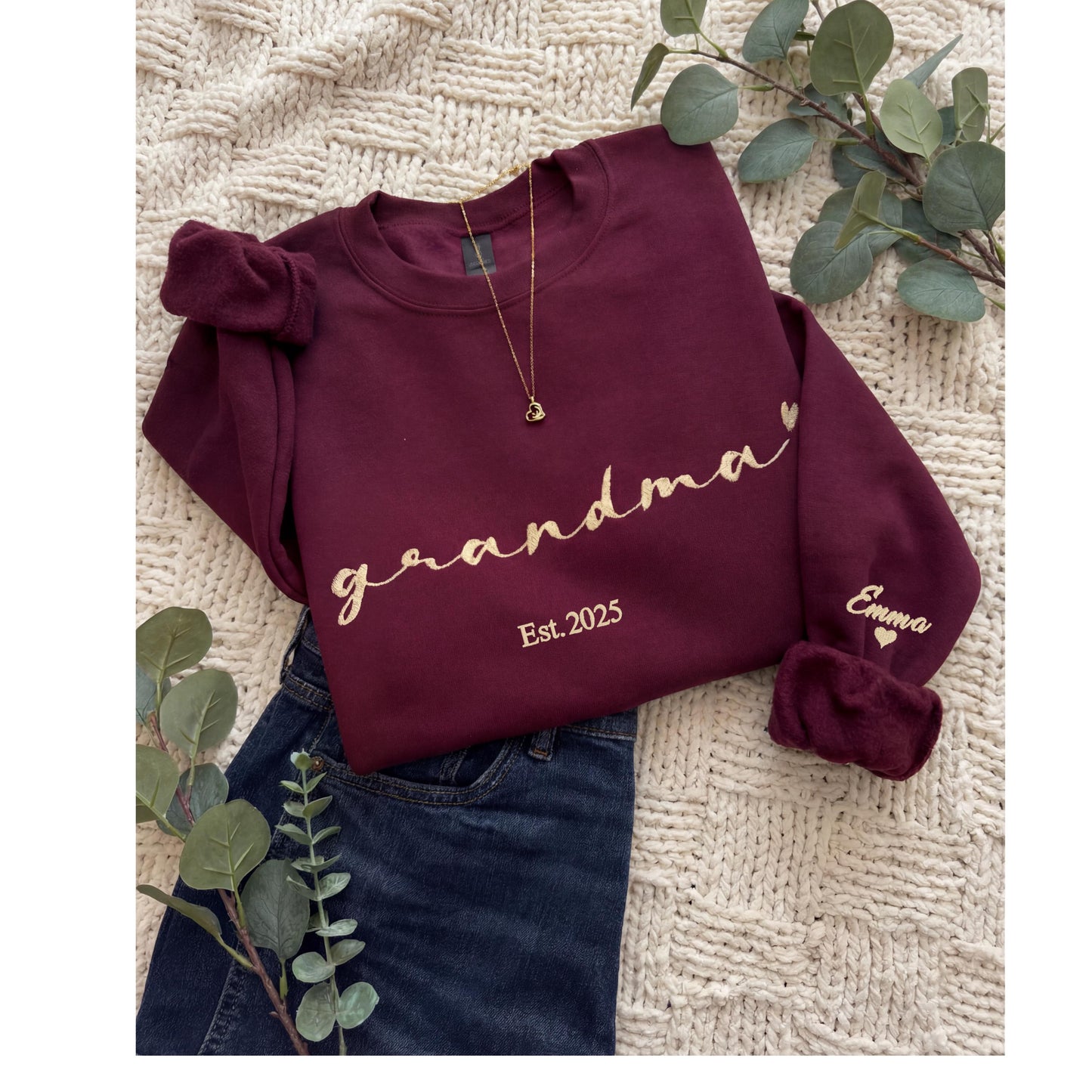 Custom Grandma Embroidered  Sweatshirt with Kids Name on Sleeve- New Mom Grandmother gift