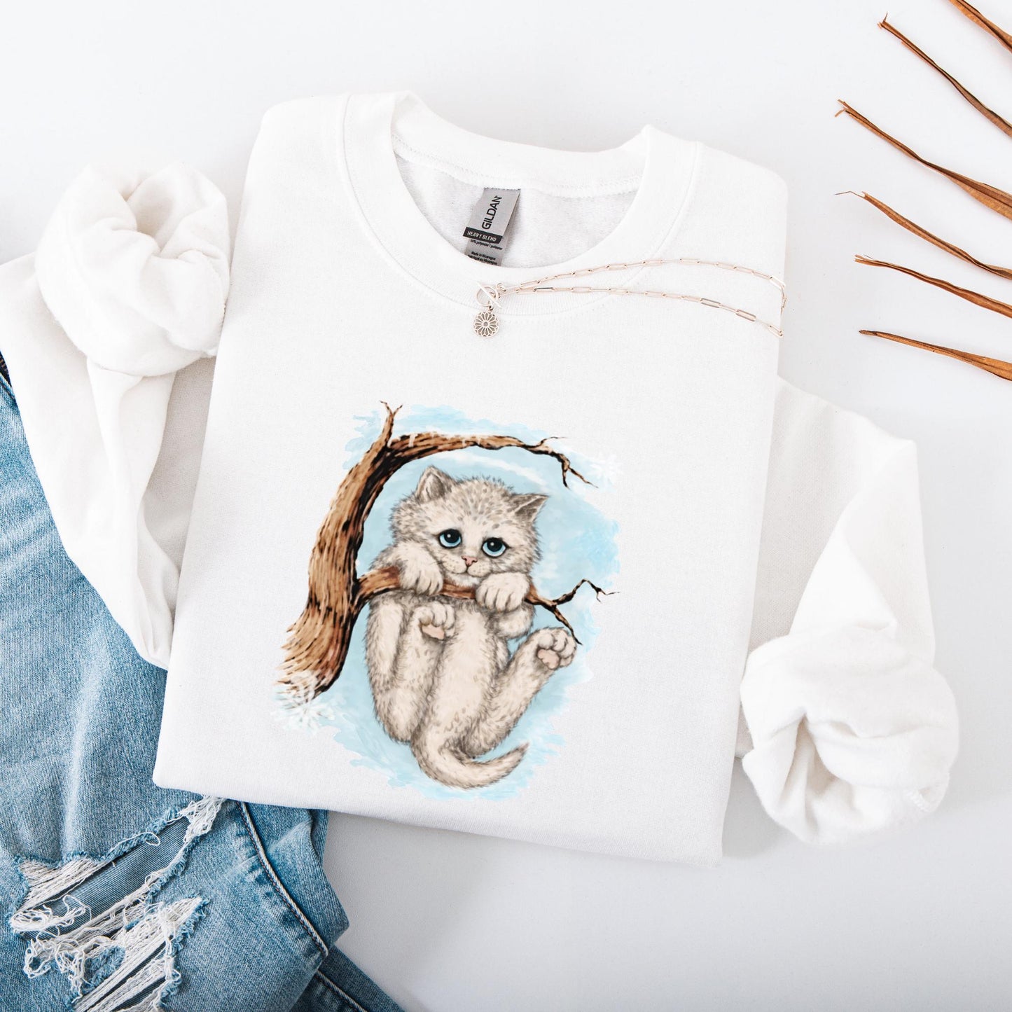 Opalite Winter kitten Unisex Crewneck Sweatshirt Graphic Pullover Funny Jumper Cat Sweater Opalite Crazy Cat hanging on tree Comfort Sweats