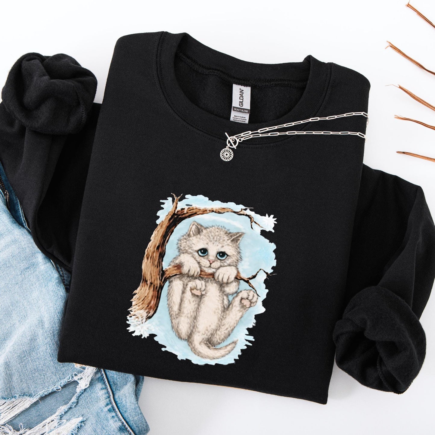 Opalite Winter kitten Unisex Crewneck Sweatshirt Graphic Pullover Funny Jumper Cat Sweater Opalite Crazy Cat hanging on tree Comfort Sweats